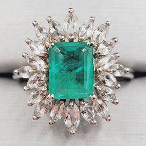 Emerald Green Quartz & White Zircon Platinum 925 Sterling Silver Statement Ring